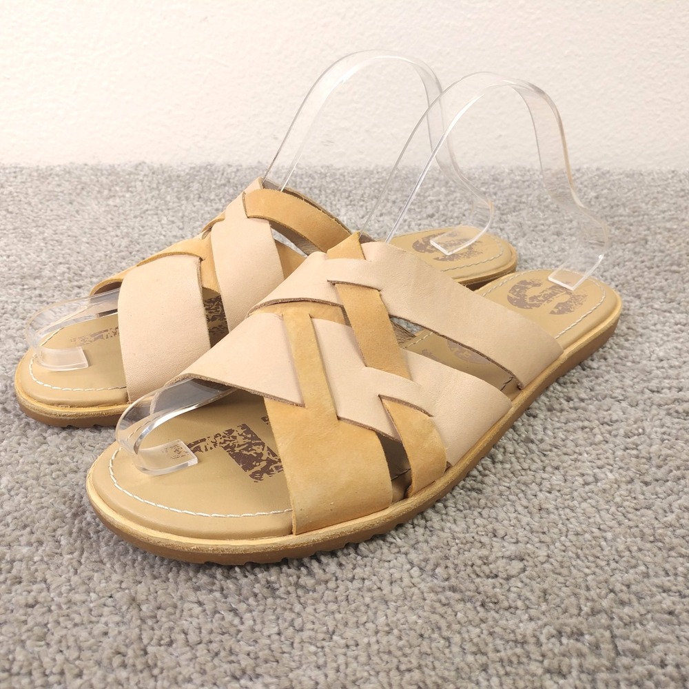 Sorel Ella Slide Sandals Womens 9.5 Tan Brown Leather Criss Cross NL3672-246